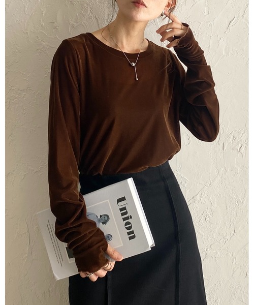 セール】指穴あき長袖サムホールシアーベロアトップス（Tシャツ