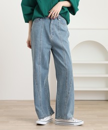 デニム切り替えストレートパンツ