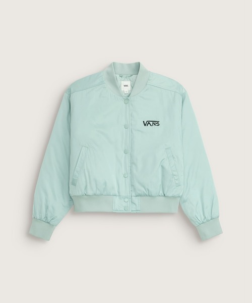 VANS（バンズ）の「RIROO ウィメンズ クロップド ベースボールジャケット / RIROO CROPPED BASEBALL JACKET / VN000SPWEMW1（スタジャン・レディース・セージグリーン・X-LARGE/SMALL/MEDIUM/LARGE）」の2枚目の写真