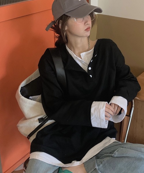 cammie(キャミー)の「フロントボタンレイヤードオーバーサイズロンT(Tシャツ/カットソー・レディース・ブラック/グレー・FREE)」の3枚目の写真