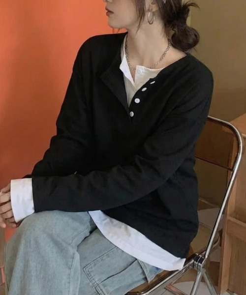 cammie(キャミー)の「フロントボタンレイヤードオーバーサイズロンT(Tシャツ/カットソー・レディース・ブラック/グレー・FREE)」の9枚目の写真
