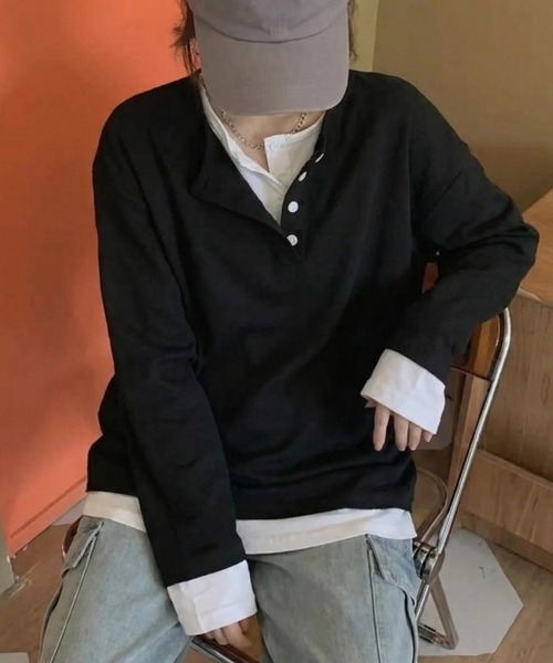 cammie(キャミー)の「フロントボタンレイヤードオーバーサイズロンT(Tシャツ/カットソー・レディース・ブラック/グレー・FREE)」の10枚目の写真