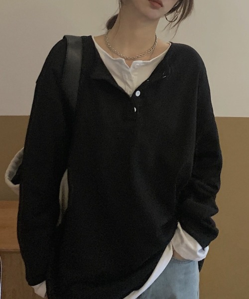 cammie(キャミー)の「フロントボタンレイヤードオーバーサイズロンT(Tシャツ/カットソー・レディース・ブラック/グレー・FREE)」の11枚目の写真
