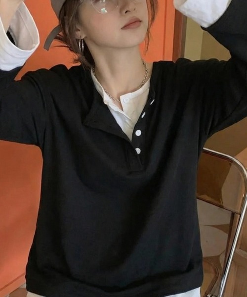 cammie(キャミー)の「フロントボタンレイヤードオーバーサイズロンT(Tシャツ/カットソー・レディース・ブラック/グレー・FREE)」の7枚目の写真