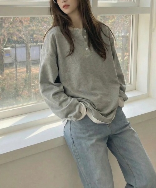 cammie(キャミー)の「フロントボタンレイヤードオーバーサイズロンT(Tシャツ/カットソー・レディース・ブラック/グレー・FREE)」の13枚目の写真