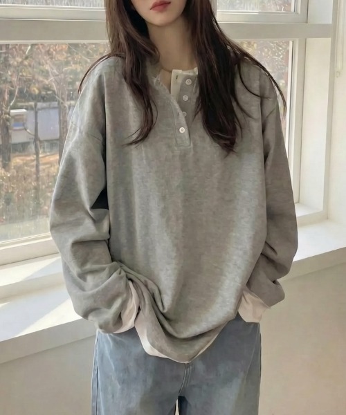 cammie(キャミー)の「フロントボタンレイヤードオーバーサイズロンT(Tシャツ/カットソー・レディース・ブラック/グレー・FREE)」の12枚目の写真