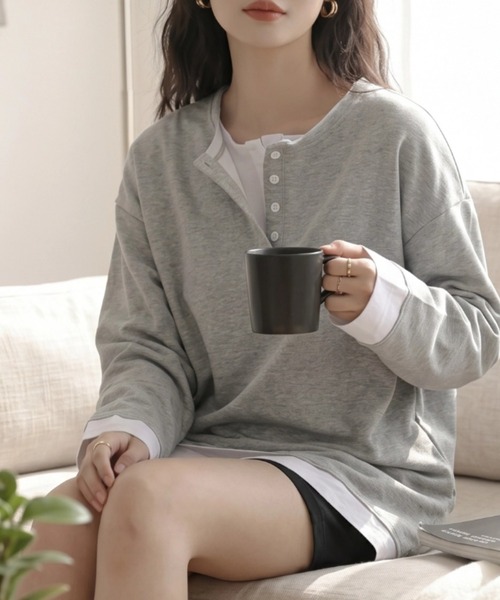 cammie(キャミー)の「フロントボタンレイヤードオーバーサイズロンT(Tシャツ/カットソー・レディース・ブラック/グレー・FREE)」の14枚目の写真