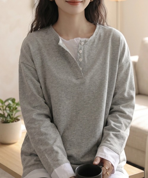 cammie(キャミー)の「フロントボタンレイヤードオーバーサイズロンT(Tシャツ/カットソー・レディース・ブラック/グレー・FREE)」の15枚目の写真