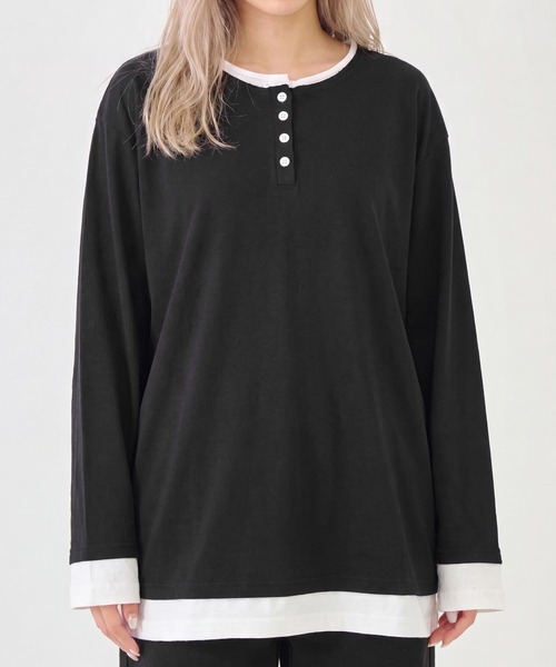cammie(キャミー)の「フロントボタンレイヤードオーバーサイズロンT(Tシャツ/カットソー・レディース・ブラック/グレー・FREE)」の16枚目の写真
