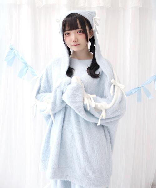 Whinny（ホワイニー）の「Whinny/《セットアップ可能♪》ゆるもちリボンちゃん（ニット/セーター・レディース・ホワイト/サックスブルー/ブラック・FREE）」の3枚目の写真