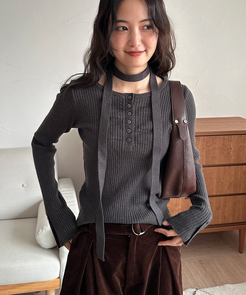 セール】ribbed henley knit top with ribbon tie / 紐付きリブ