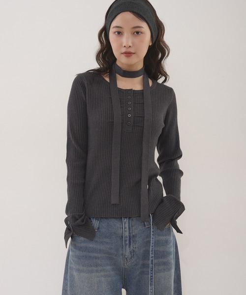 ribbed henley knit top with ribbon tie / 紐付きリブヘンリーニット