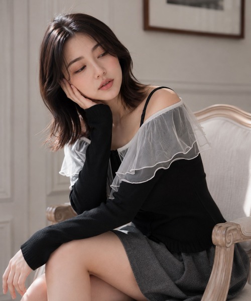 Ruwan yu(ルワンユー)の「チュールフリルオフショルニットトップス【大きいサイズ対応】(ニット/セーター・レディース・ブラック・4L/3L/LL/L)」の16枚目の写真