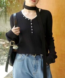 ヘンリーネック フェイクレイヤード リブ ニット トップス