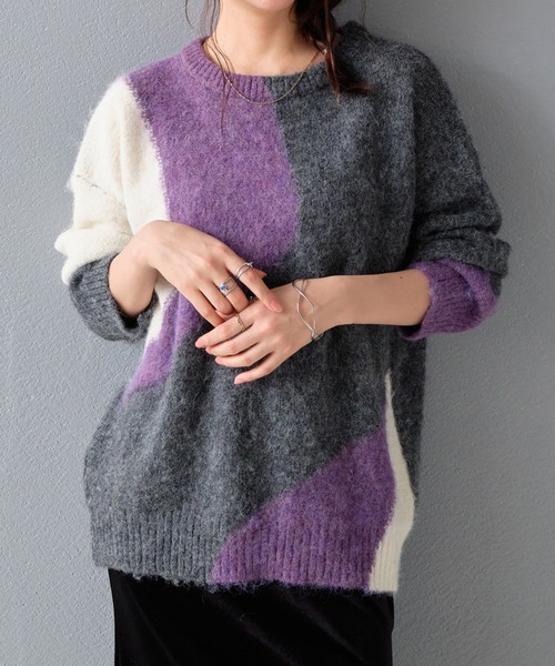 STYLEBLOCK(スタイルブロック)の「ラウンドネック配色MIXニットトップス(ニット/セーター・レディース・チャコールグレー/ブルー/パープル・FREE)」の3枚目の写真
