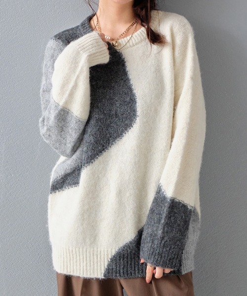 STYLEBLOCK(スタイルブロック)の「ラウンドネック配色MIXニットトップス(ニット/セーター・レディース・チャコールグレー/ブルー/パープル・FREE)」の2枚目の写真