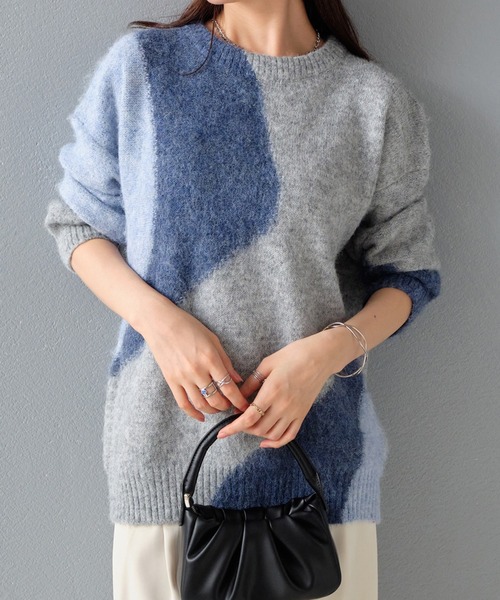 STYLEBLOCK(スタイルブロック)の「ラウンドネック配色MIXニットトップス(ニット/セーター・レディース・チャコールグレー/ブルー/パープル・FREE)」の1枚目の写真