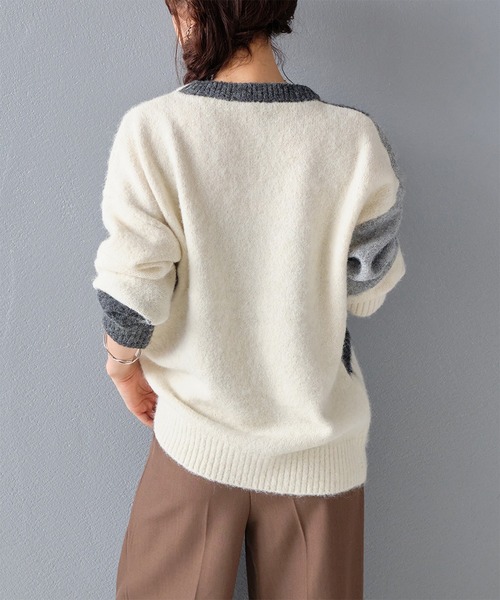STYLEBLOCK(スタイルブロック)の「ラウンドネック配色MIXニットトップス(ニット/セーター・レディース・チャコールグレー/ブルー/パープル・FREE)」の7枚目の写真