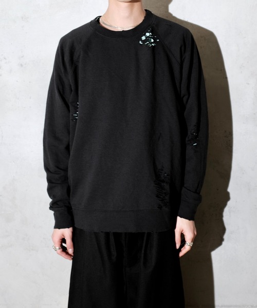 THRIFTY LOOK（スリフティールック）の「THRIFTY LOOK スリフティルック / WORN-OUT RAGLAN CREW SWEAT ダメージ加工（スウェット・メンズ・ブラウン/ブラック/ヘザーグレー・LARGE/X-LARGE/MEDIUM）」の4枚目の写真