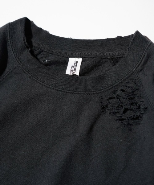 THRIFTY LOOK（スリフティールック）の「THRIFTY LOOK スリフティルック / WORN-OUT RAGLAN CREW SWEAT ダメージ加工（スウェット・メンズ・ブラウン/ブラック/ヘザーグレー・LARGE/X-LARGE/MEDIUM）」の9枚目の写真