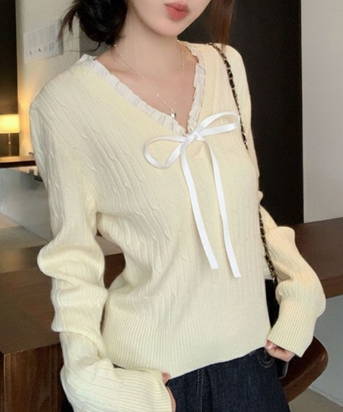 WESTSEA（ウエストシー）の「Vネック フリル リボン付 ケーブル編みニット ショート丈（ニット/セーター・レディース・アイボリー/ネイビー・FREE）」の5枚目の写真