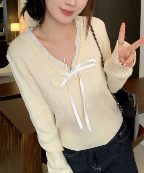 WESTSEA（ウエストシー）の「Vネック フリル リボン付 ケーブル編みニット ショート丈（ニット/セーター・レディース・アイボリー/ネイビー・FREE）」の4枚目の写真