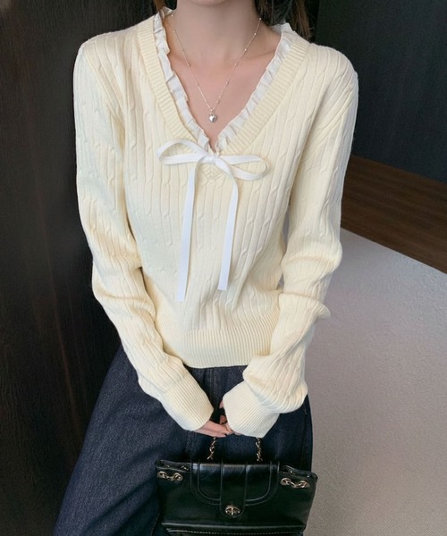 WESTSEA（ウエストシー）の「Vネック フリル リボン付 ケーブル編みニット ショート丈（ニット/セーター・レディース・アイボリー/ネイビー・FREE）」の6枚目の写真