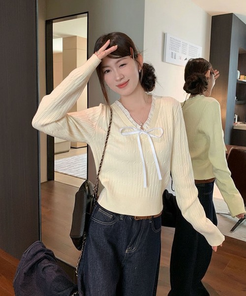 WESTSEA（ウエストシー）の「Vネック フリル リボン付 ケーブル編みニット ショート丈（ニット/セーター・レディース・アイボリー/ネイビー・FREE）」の8枚目の写真