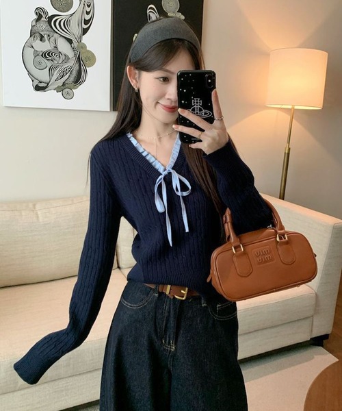 WESTSEA（ウエストシー）の「Vネック フリル リボン付 ケーブル編みニット ショート丈（ニット/セーター・レディース・アイボリー/ネイビー・FREE）」の11枚目の写真