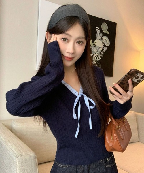 WESTSEA（ウエストシー）の「Vネック フリル リボン付 ケーブル編みニット ショート丈（ニット/セーター・レディース・アイボリー/ネイビー・FREE）」の14枚目の写真
