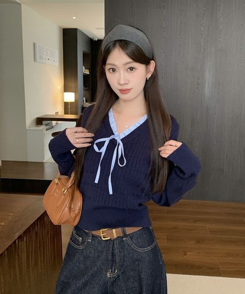 WESTSEA（ウエストシー）の「Vネック フリル リボン付 ケーブル編みニット ショート丈（ニット/セーター・レディース・アイボリー/ネイビー・FREE）」の12枚目の写真