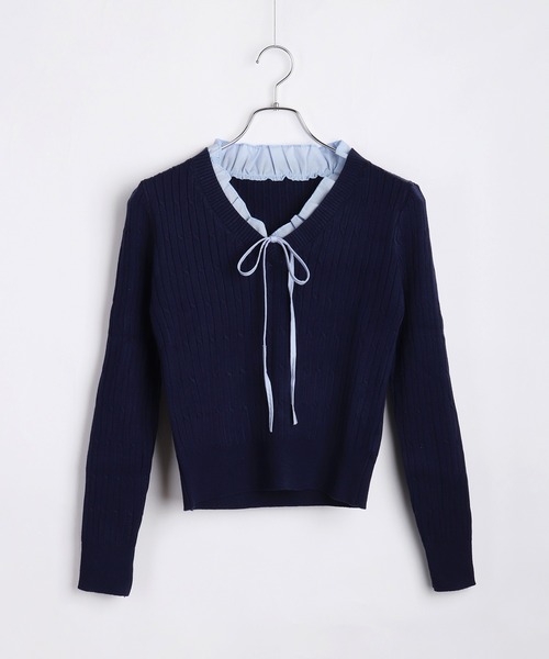 WESTSEA（ウエストシー）の「Vネック フリル リボン付 ケーブル編みニット ショート丈（ニット/セーター・レディース・アイボリー/ネイビー・FREE）」の16枚目の写真