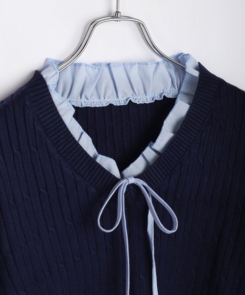 WESTSEA（ウエストシー）の「Vネック フリル リボン付 ケーブル編みニット ショート丈（ニット/セーター・レディース・アイボリー/ネイビー・FREE）」の18枚目の写真