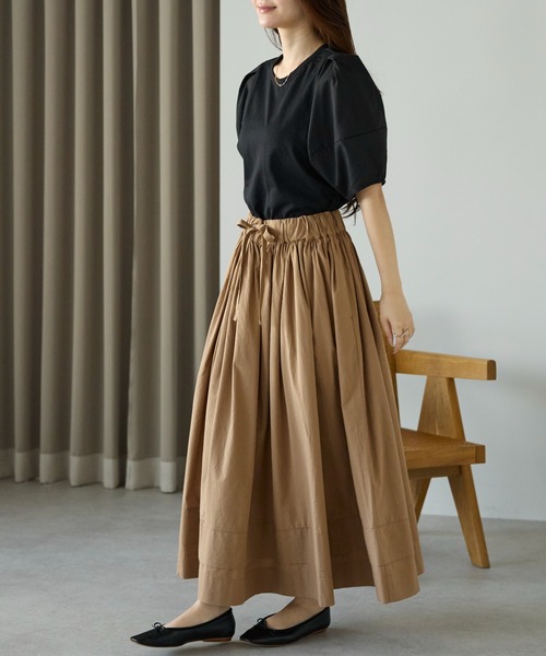 PREFERIR（プレフェリール）の「【春定番】コットン ボリューム ロング ギャザースカート（スカート・レディース・カーキ/ブラック/キャメル・FREE）」の3枚目の写真