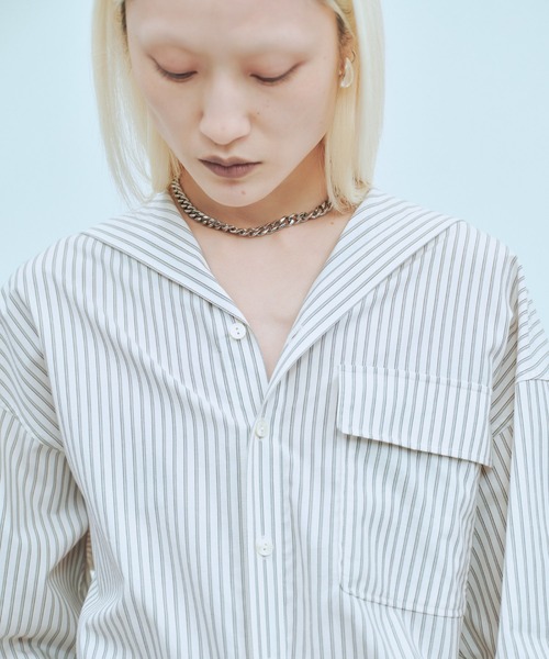 THINGS THAT MATTER（シングス ザット マター）の「SAILOR BLOUSING STRIPE SHIRT / セーラー ブラウジング ストライプ シャツ（シャツ/ブラウス・レディース・サックスブルー/オフホワイト/ピンク・FREE）」の2枚目の写真