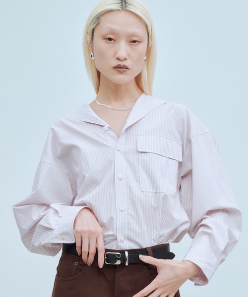 THINGS THAT MATTER（シングス ザット マター）の「SAILOR BLOUSING STRIPE SHIRT / セーラー ブラウジング ストライプ シャツ（シャツ/ブラウス・レディース・サックスブルー/オフホワイト/ピンク・FREE）」の3枚目の写真