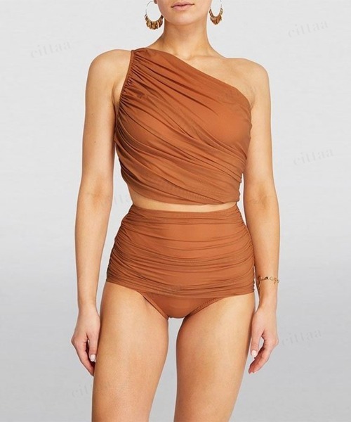 Dalfwin（ダールフィン）の「【上下2点セット】 レデイーズ水着 ワンショルダーハイウエストセパレートビキニ（水着・レディース・ブラウン・LARGE/MEDIUM/SMALL）」の5枚目の写真