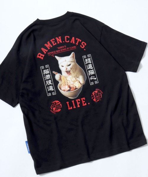 Salong hameu(サロン ハミュー)の「ラーメンもぐもぐキャットTシャツ/中華風グラフィック フォトプリント ビッグシルエット ストリート(Tシャツ/カットソー・メンズ・ホワイト/ブラック・L/M/S)」の2枚目の写真