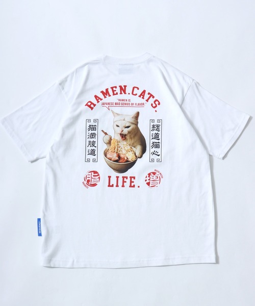 Salong hameu(サロン ハミュー)の「ラーメンもぐもぐキャットTシャツ/中華風グラフィック フォトプリント ビッグシルエット ストリート(Tシャツ/カットソー・メンズ・ホワイト/ブラック・L/M/S)」の4枚目の写真