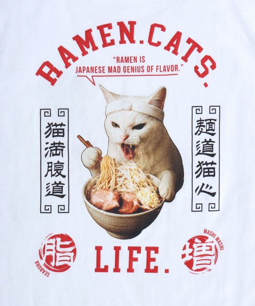 Salong hameu(サロン ハミュー)の「ラーメンもぐもぐキャットTシャツ/中華風グラフィック フォトプリント ビッグシルエット ストリート(Tシャツ/カットソー・メンズ・ホワイト/ブラック・L/M/S)」の6枚目の写真