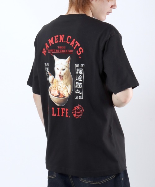 Salong hameu(サロン ハミュー)の「ラーメンもぐもぐキャットTシャツ/中華風グラフィック フォトプリント ビッグシルエット ストリート(Tシャツ/カットソー・メンズ・ホワイト/ブラック・L/M/S)」の19枚目の写真