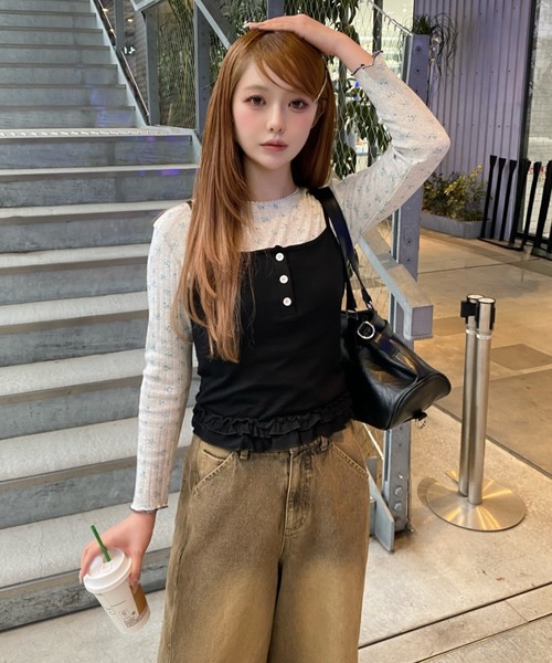 RAY CASSIN（レイカズン）の「花柄レイヤードキャミセット（カーディガン/ボレロ・レディース・ホワイト/ネイビー/グレー・FREE）」の8枚目の写真