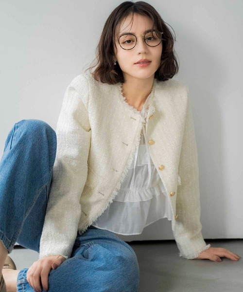 NOELA(ノエラ)の「ツイードジャケット(ノーカラージャケット・レディース・オフホワイト/ピンク・S/M)」の1枚目の写真