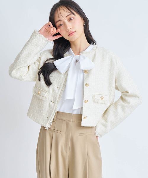 NOELA(ノエラ)の「ツイードジャケット(ノーカラージャケット・レディース・オフホワイト/ピンク・S/M)」の12枚目の写真