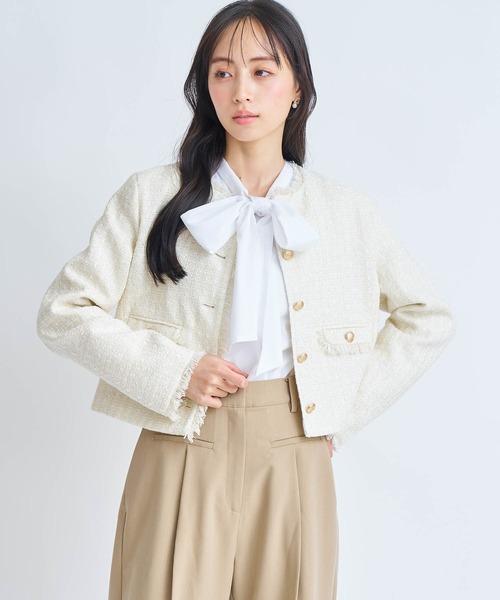 NOELA(ノエラ)の「ツイードジャケット(ノーカラージャケット・レディース・オフホワイト/ピンク・S/M)」の11枚目の写真