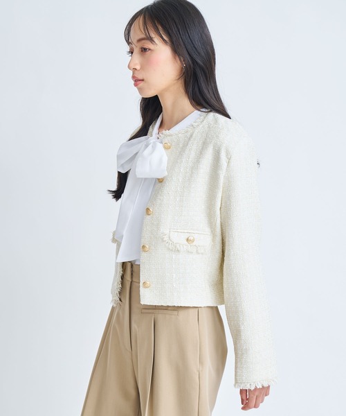 NOELA(ノエラ)の「ツイードジャケット(ノーカラージャケット・レディース・オフホワイト/ピンク・S/M)」の10枚目の写真