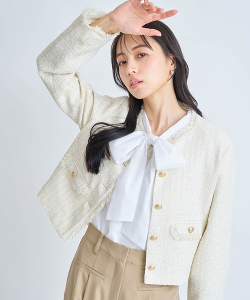 NOELA(ノエラ)の「ツイードジャケット(ノーカラージャケット・レディース・オフホワイト/ピンク・S/M)」の9枚目の写真