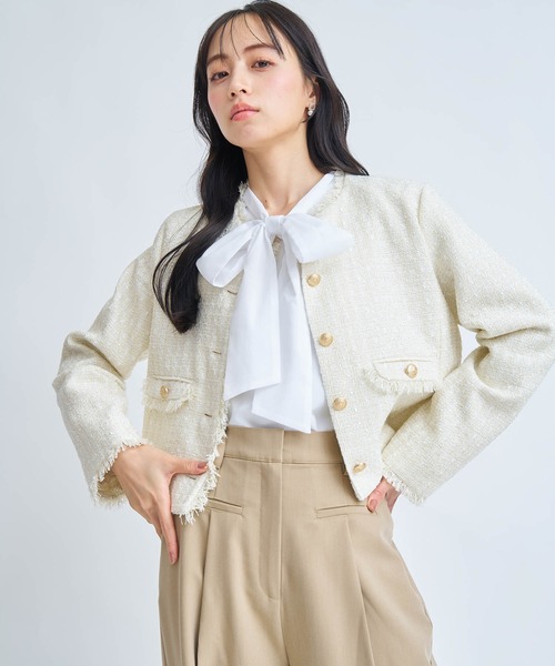 NOELA(ノエラ)の「ツイードジャケット(ノーカラージャケット・レディース・オフホワイト/ピンク・S/M)」の8枚目の写真