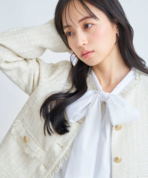 NOELA(ノエラ)の「ツイードジャケット(ノーカラージャケット・レディース・オフホワイト/ピンク・S/M)」の7枚目の写真