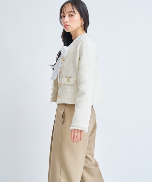 NOELA(ノエラ)の「ツイードジャケット(ノーカラージャケット・レディース・オフホワイト/ピンク・S/M)」の5枚目の写真